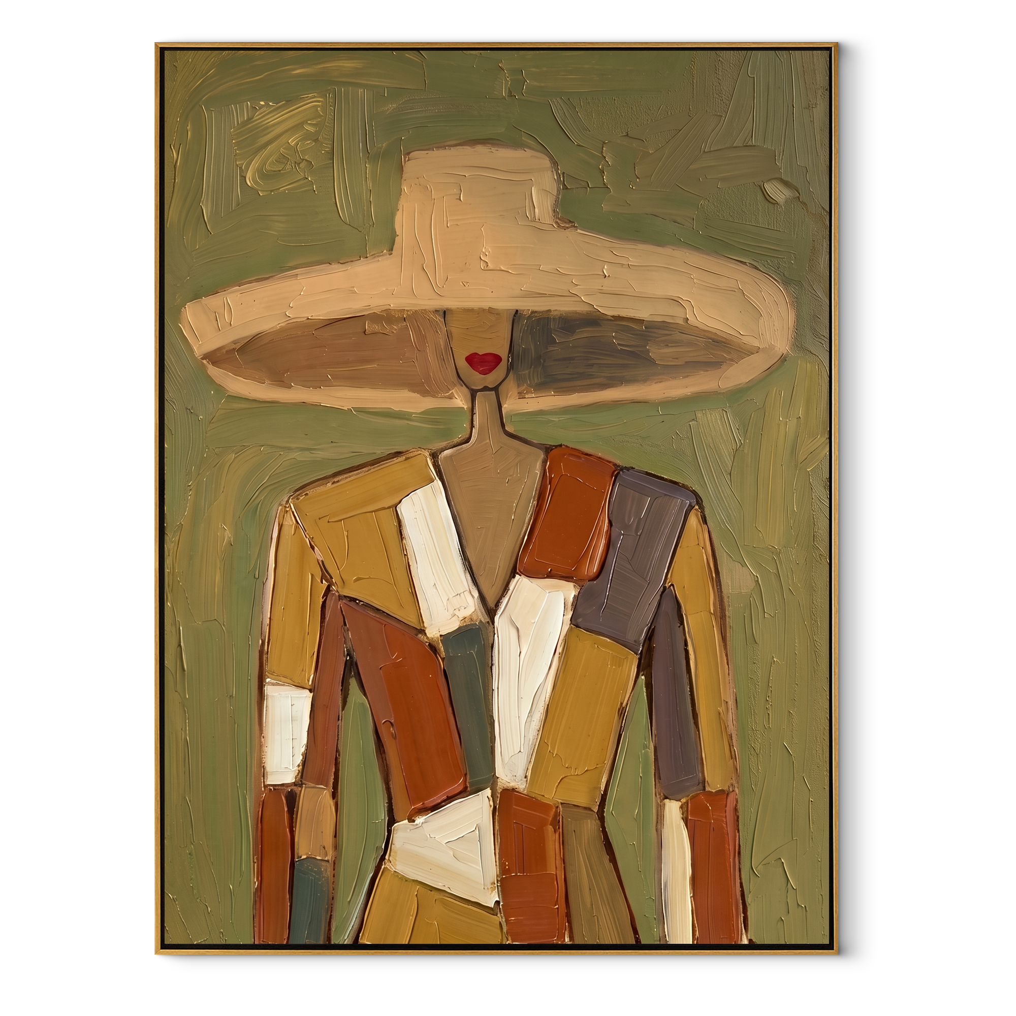 Patchwork Shoulders Meet the Wide Brim - patchwork fashion woman painting by Marcus Lau, retro modern vertical wall art – wood frame on white background
