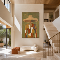 Patchwork Shoulders Meet the Wide Brim - patchwork fashion woman painting by Marcus Lau, retro modern vertical wall art – styled room scene view 2