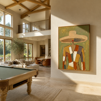 Patchwork Shoulders Meet the Wide Brim - patchwork fashion woman painting by Marcus Lau, retro modern vertical wall art – styled room scene view 3