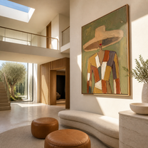 Patchwork Shoulders Meet the Wide Brim - patchwork fashion woman painting by Marcus Lau, retro modern vertical wall art – styled room scene view 4