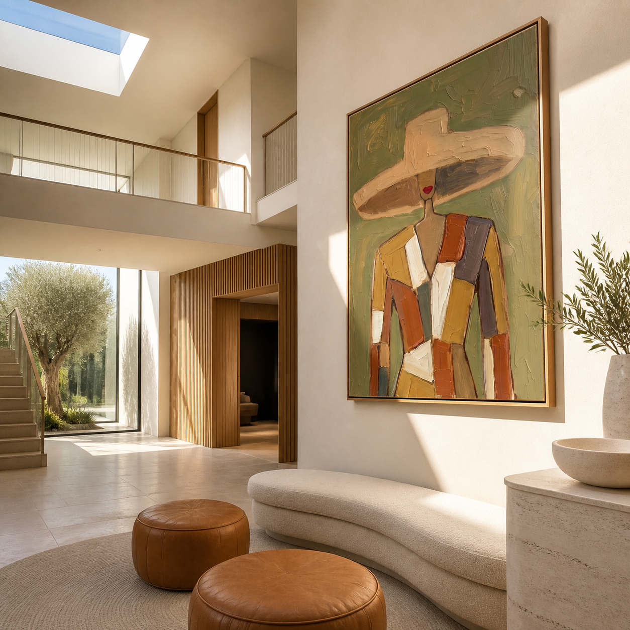 Patchwork Shoulders Meet the Wide Brim - patchwork fashion woman painting by Marcus Lau, retro modern vertical wall art – styled room scene view 4