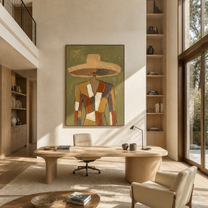 Patchwork Shoulders Meet the Wide Brim - patchwork fashion woman painting by Marcus Lau, retro modern vertical wall art – styled room scene view 5