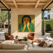 Quiet Hands Rise from Emerald - green woman portrait by Marcus Lau, retro modern square wall art – styled room scene view 1