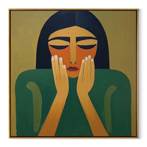 Quiet Hands Rise from Emerald - green woman portrait by Marcus Lau, retro modern square wall art – wood frame on white background
