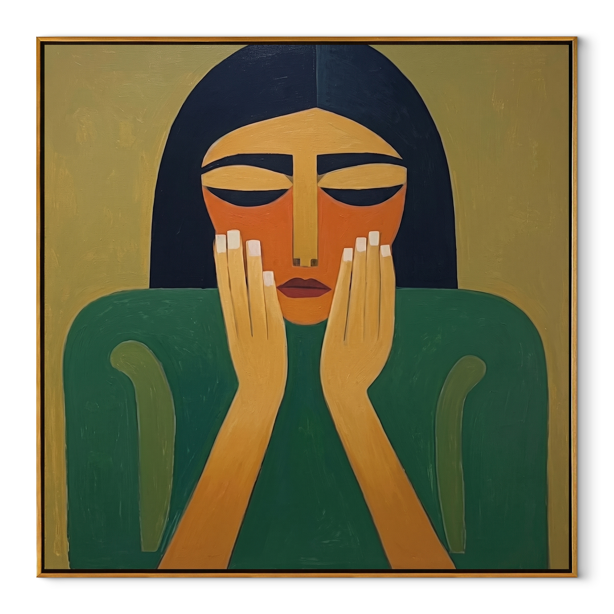Quiet Hands Rise from Emerald - green woman portrait by Marcus Lau, retro modern square wall art – wood frame on white background