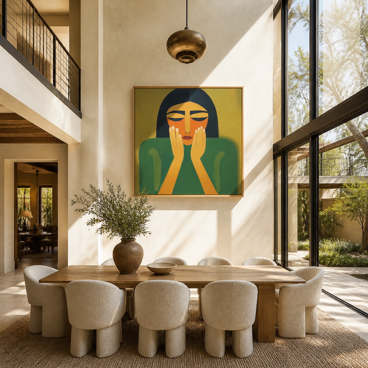 Quiet Hands Rise from Emerald - green woman portrait by Marcus Lau, retro modern square wall art – styled room scene view 2
