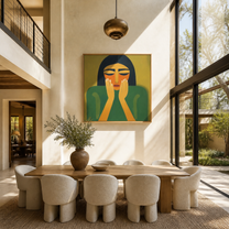 Quiet Hands Rise from Emerald - green woman portrait by Marcus Lau, retro modern square wall art – styled room scene view 2