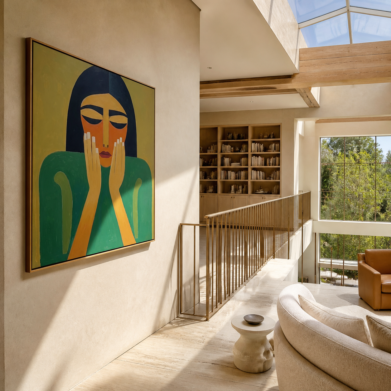 Quiet Hands Rise from Emerald - green woman portrait by Marcus Lau, retro modern square wall art – styled room scene view 3