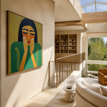 Quiet Hands Rise from Emerald - green woman portrait by Marcus Lau, retro modern square wall art – styled room scene view 3