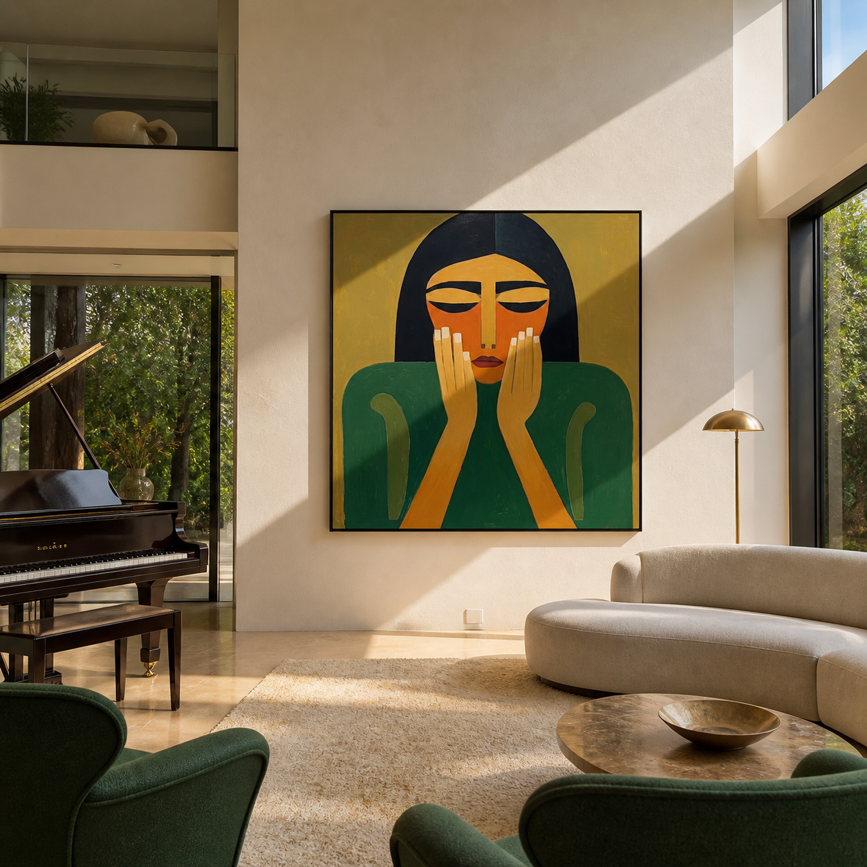 Quiet Hands Rise from Emerald - green woman portrait by Marcus Lau, retro modern square wall art – styled room scene view 4