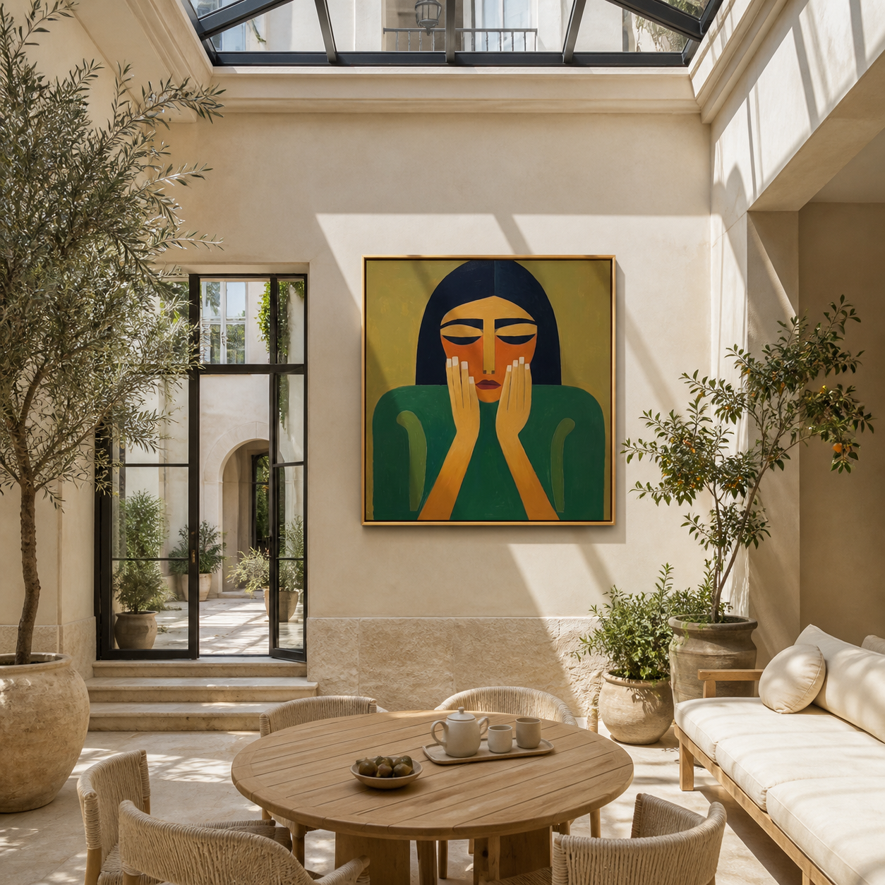 Quiet Hands Rise from Emerald - green woman portrait by Marcus Lau, retro modern square wall art – styled room scene view 5
