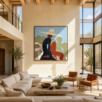 White Brim Turns toward the Cactus - desert woman painting by Marcus Lau, retro modern square wall art – styled room scene view 1