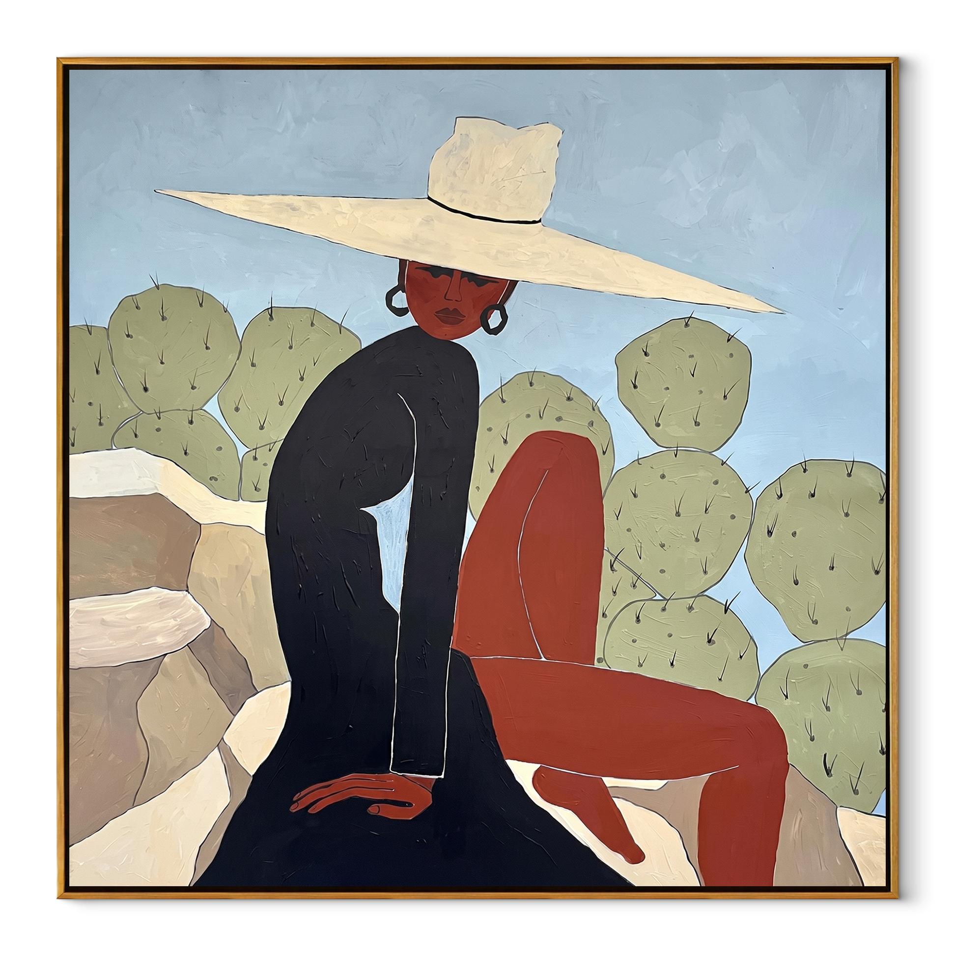 White Brim Turns toward the Cactus - desert woman painting by Marcus Lau, retro modern square wall art – wood frame on white background