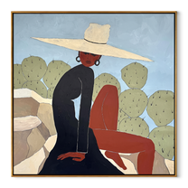 White Brim Turns toward the Cactus - desert woman painting by Marcus Lau, retro modern square wall art – wood frame on white background