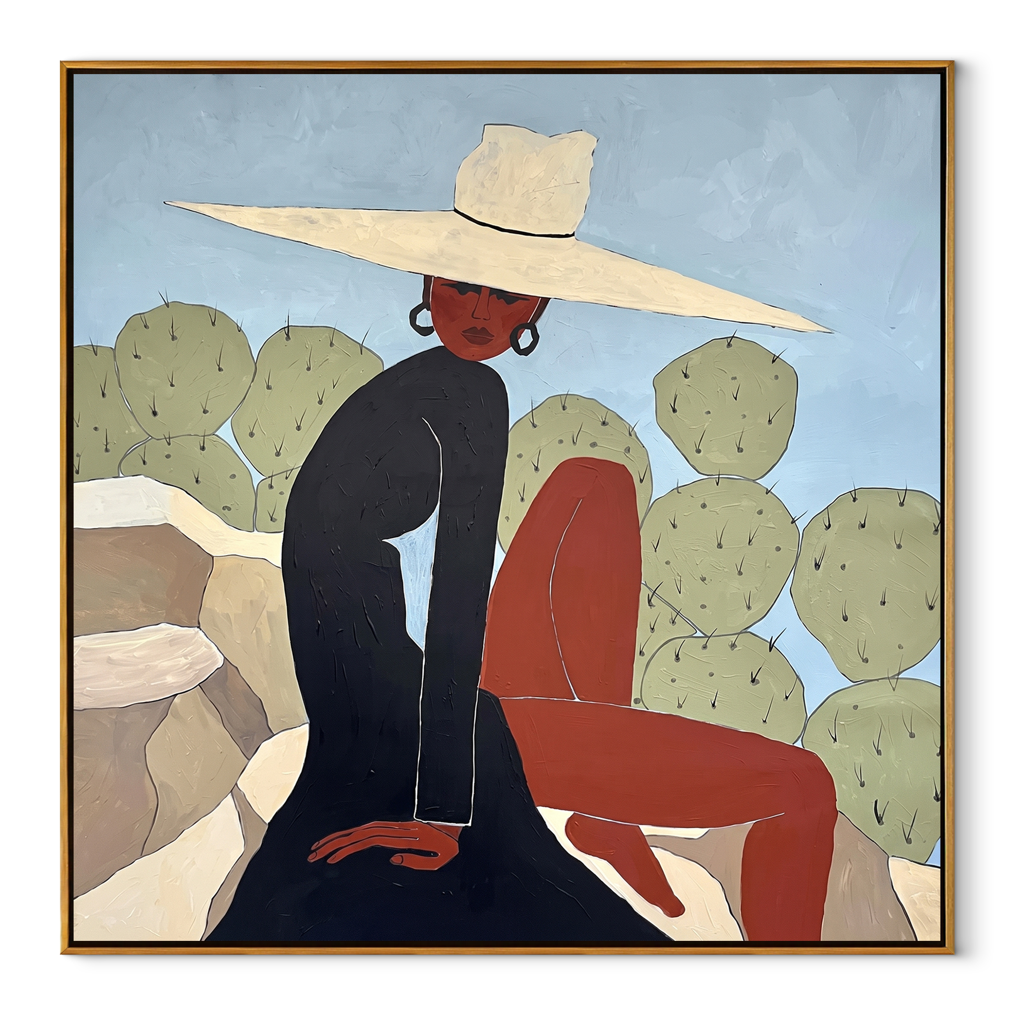 White Brim Turns toward the Cactus - desert woman painting by Marcus Lau, retro modern square wall art – wood frame on white background