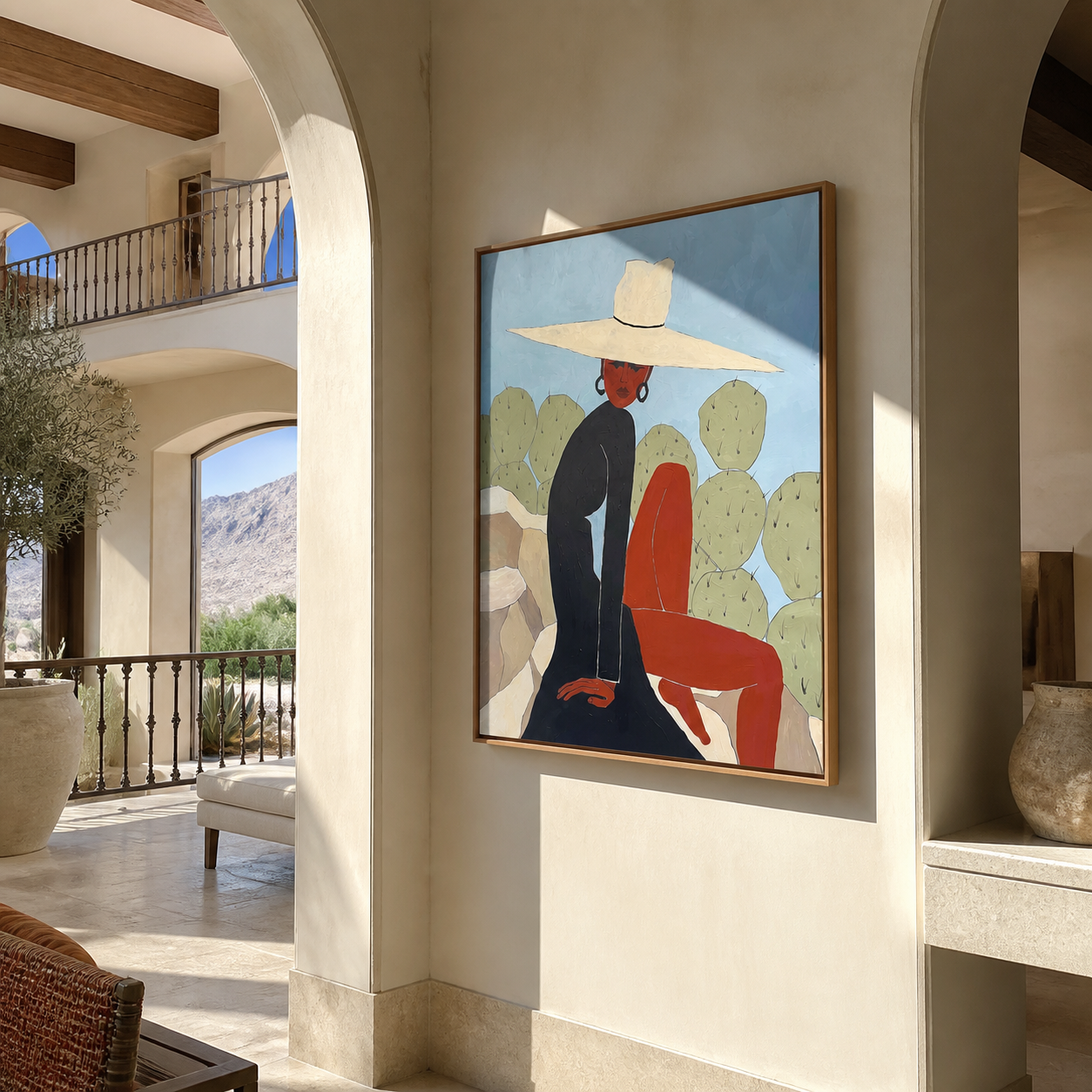 White Brim Turns toward the Cactus - desert woman painting by Marcus Lau, retro modern square wall art – styled room scene view 2