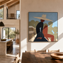 White Brim Turns toward the Cactus - desert woman painting by Marcus Lau, retro modern square wall art – styled room scene view 3