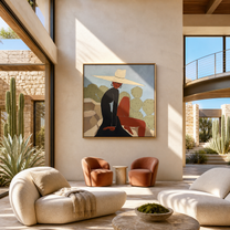 White Brim Turns toward the Cactus - desert woman painting by Marcus Lau, retro modern square wall art – styled room scene view 4