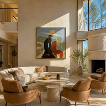 White Brim Turns toward the Cactus - desert woman painting by Marcus Lau, retro modern square wall art – styled room scene view 5