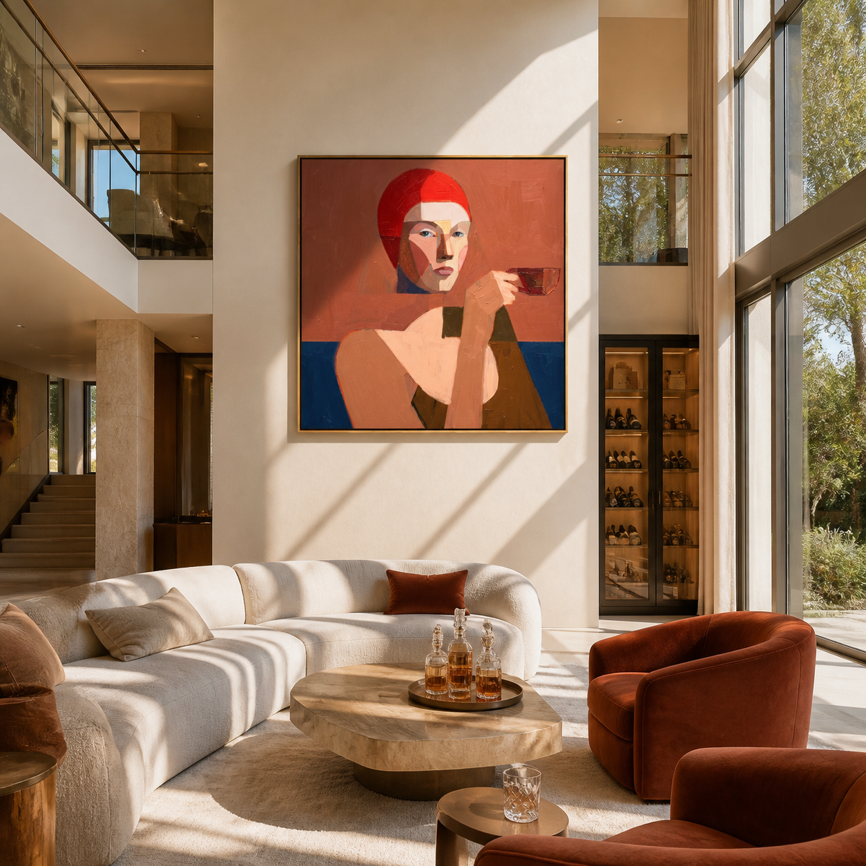 The Red Hood Raises a Small Cup - woman drinking tea portrait by Marcus Lau, retro modern square wall art – styled room scene view 1