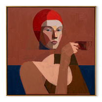 The Red Hood Raises a Small Cup - woman drinking tea portrait by Marcus Lau, retro modern square wall art – wood frame on white background