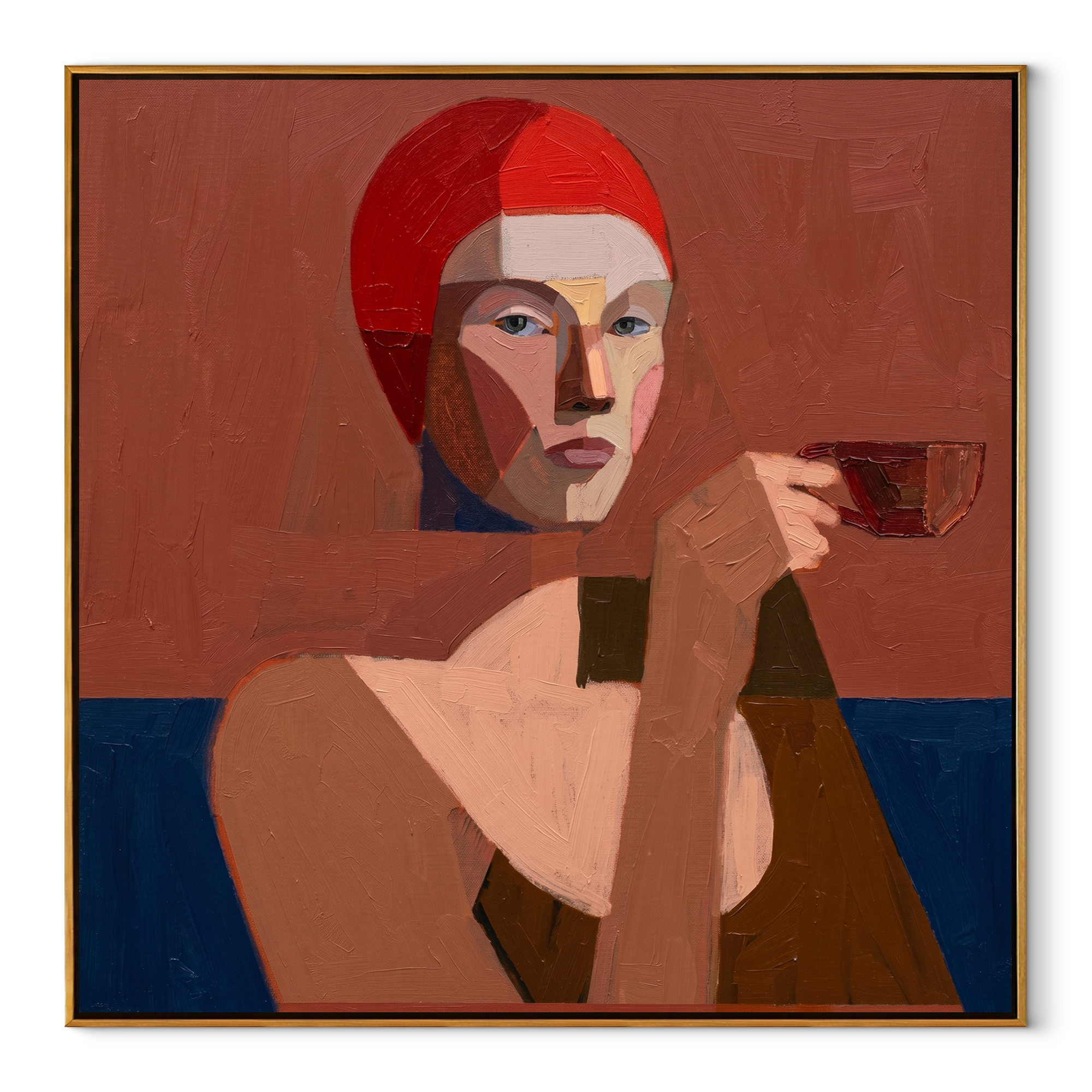 The Red Hood Raises a Small Cup - woman drinking tea portrait by Marcus Lau, retro modern square wall art – wood frame on white background