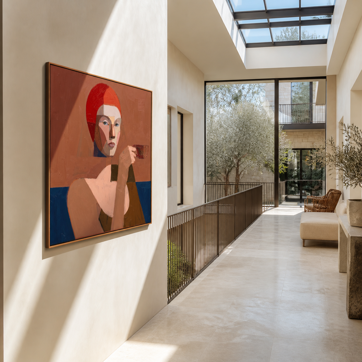 The Red Hood Raises a Small Cup - woman drinking tea portrait by Marcus Lau, retro modern square wall art – styled room scene view 2