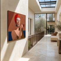 The Red Hood Raises a Small Cup - woman drinking tea portrait by Marcus Lau, retro modern square wall art – styled room scene view 2
