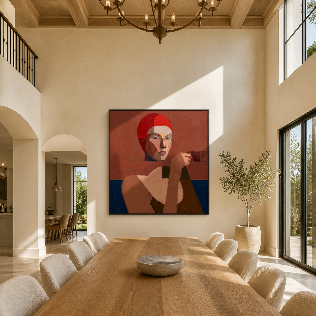 The Red Hood Raises a Small Cup - woman drinking tea portrait by Marcus Lau, retro modern square wall art – styled room scene view 3