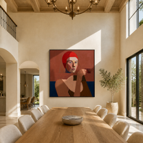 The Red Hood Raises a Small Cup - woman drinking tea portrait by Marcus Lau, retro modern square wall art – styled room scene view 3