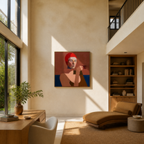 The Red Hood Raises a Small Cup - woman drinking tea portrait by Marcus Lau, retro modern square wall art – styled room scene view 4