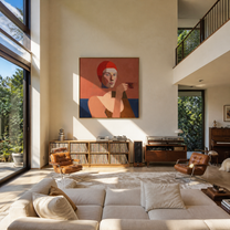 The Red Hood Raises a Small Cup - woman drinking tea portrait by Marcus Lau, retro modern square wall art – styled room scene view 5