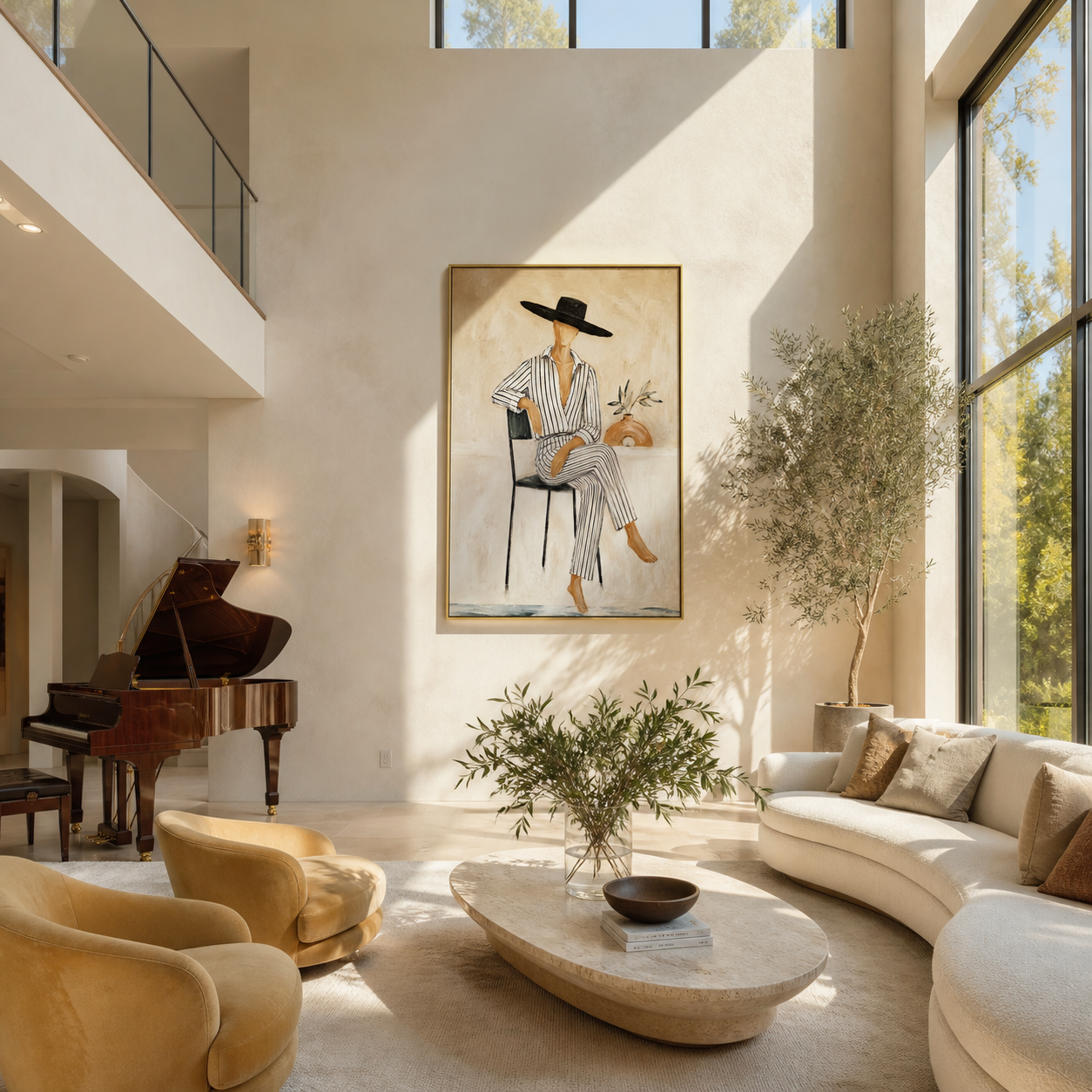 Pinstripes Sit beneath the Black Hat - seated striped woman painting by Marcus Lau, retro modern vertical wall art – styled room scene view 1