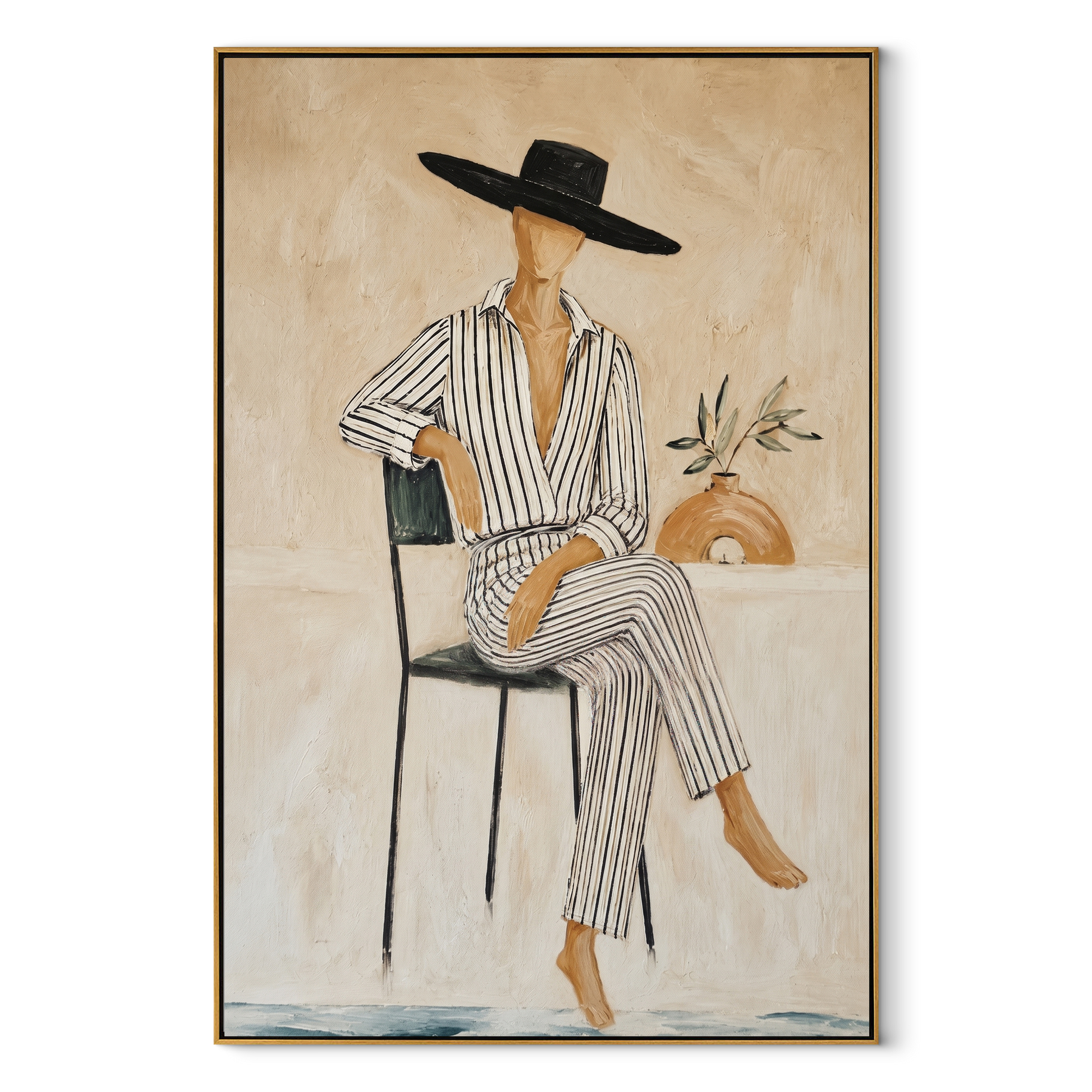 Pinstripes Sit beneath the Black Hat - seated striped woman painting by Marcus Lau, retro modern vertical wall art – wood frame on white background
