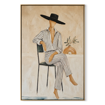Pinstripes Sit beneath the Black Hat - seated striped woman painting by Marcus Lau, retro modern vertical wall art – wood frame on white background