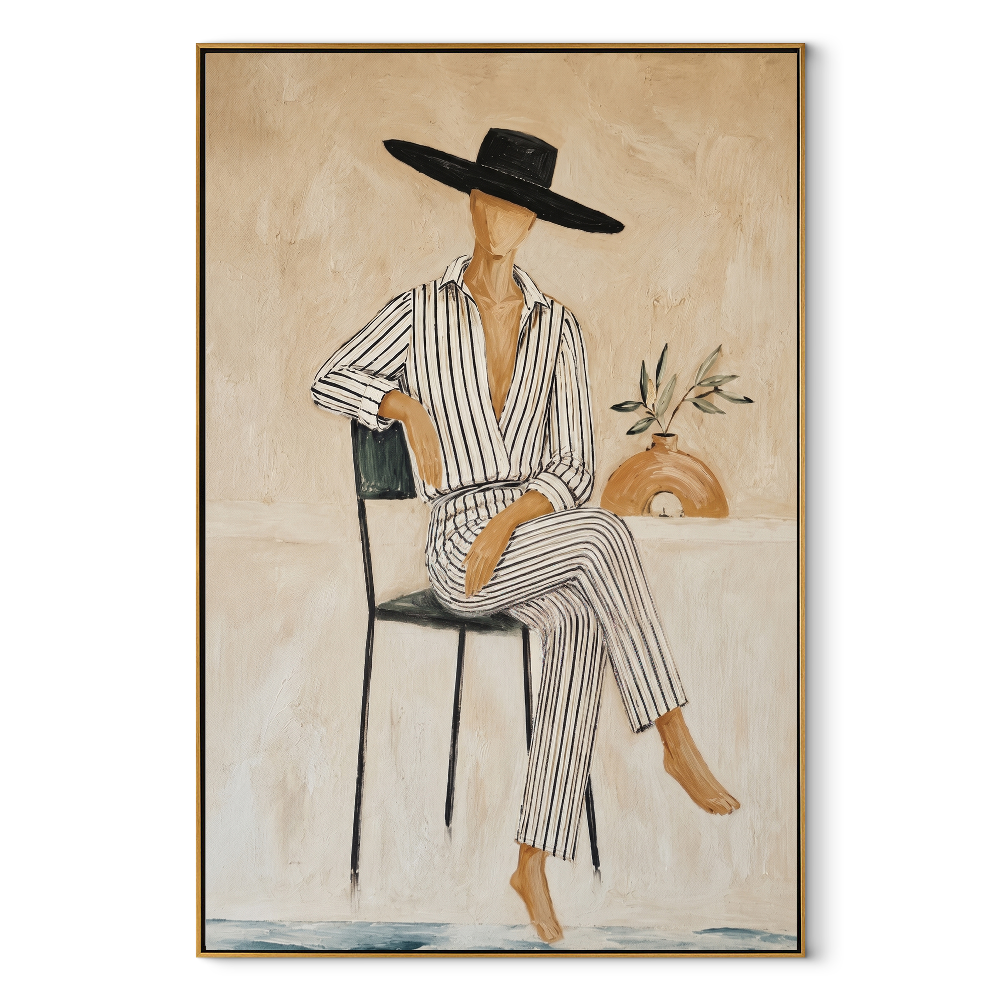 Pinstripes Sit beneath the Black Hat - seated striped woman painting by Marcus Lau, retro modern vertical wall art – wood frame on white background
