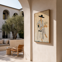 Pinstripes Sit beneath the Black Hat - seated striped woman painting by Marcus Lau, retro modern vertical wall art – styled room scene view 3