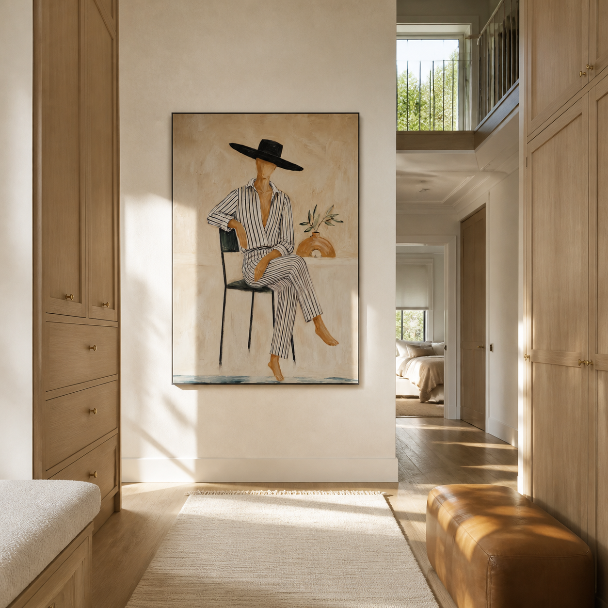 Pinstripes Sit beneath the Black Hat - seated striped woman painting by Marcus Lau, retro modern vertical wall art – styled room scene view 4