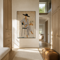 Pinstripes Sit beneath the Black Hat - seated striped woman painting by Marcus Lau, retro modern vertical wall art – styled room scene view 4