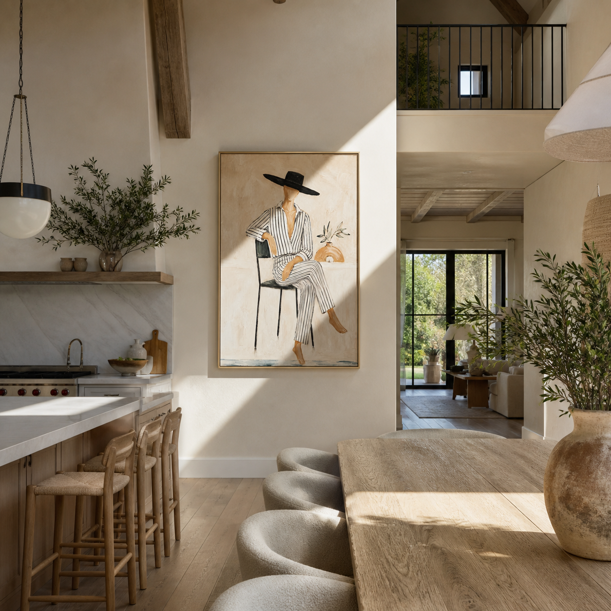 Pinstripes Sit beneath the Black Hat - seated striped woman painting by Marcus Lau, retro modern vertical wall art – styled room scene view 5