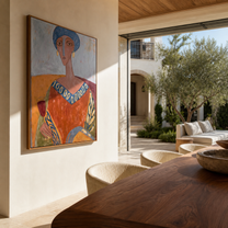 Blue Beads Circle the Terracotta Dress - elegant woman portrait by Marcus Lau, retro modern vertical wall art – styled room scene view 1