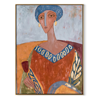 Blue Beads Circle the Terracotta Dress - elegant woman portrait by Marcus Lau, retro modern vertical wall art – wood frame on white background