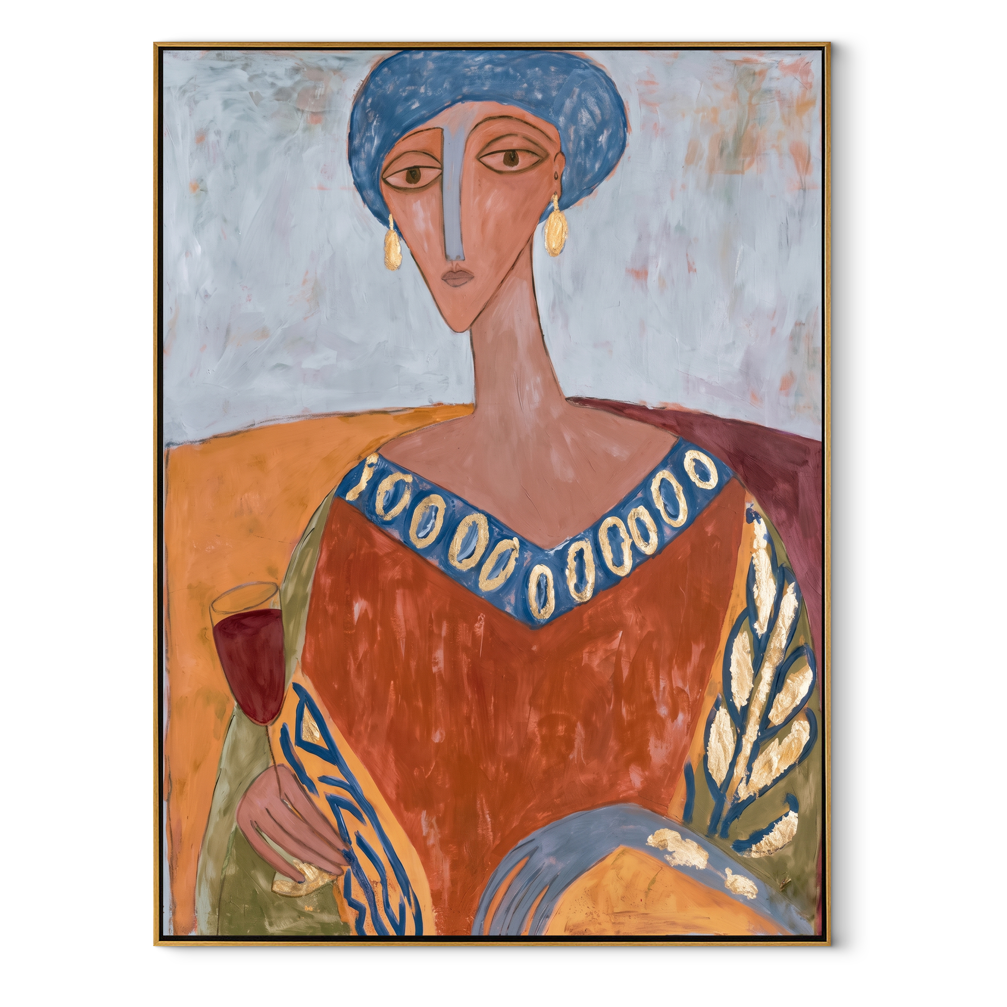 Blue Beads Circle the Terracotta Dress - elegant woman portrait by Marcus Lau, retro modern vertical wall art – wood frame on white background
