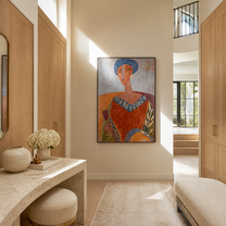 Blue Beads Circle the Terracotta Dress - elegant woman portrait by Marcus Lau, retro modern vertical wall art – styled room scene view 2