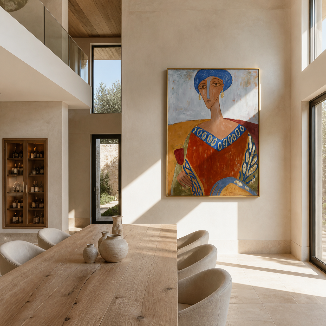 Blue Beads Circle the Terracotta Dress - elegant woman portrait by Marcus Lau, retro modern vertical wall art – styled room scene view 3