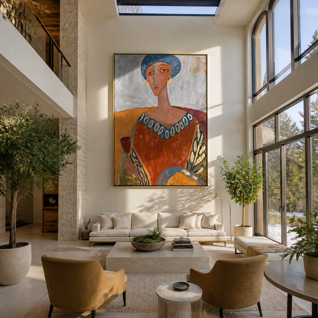 Blue Beads Circle the Terracotta Dress - elegant woman portrait by Marcus Lau, retro modern vertical wall art – styled room scene view 4
