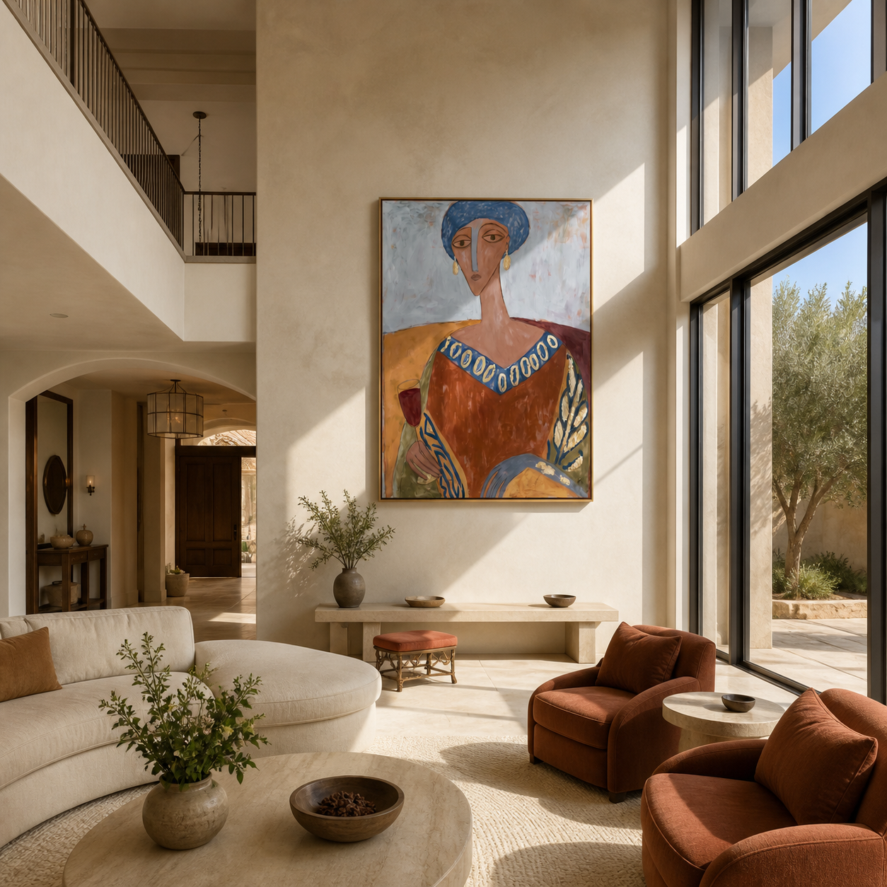 Blue Beads Circle the Terracotta Dress - elegant woman portrait by Marcus Lau, retro modern vertical wall art – styled room scene view 5