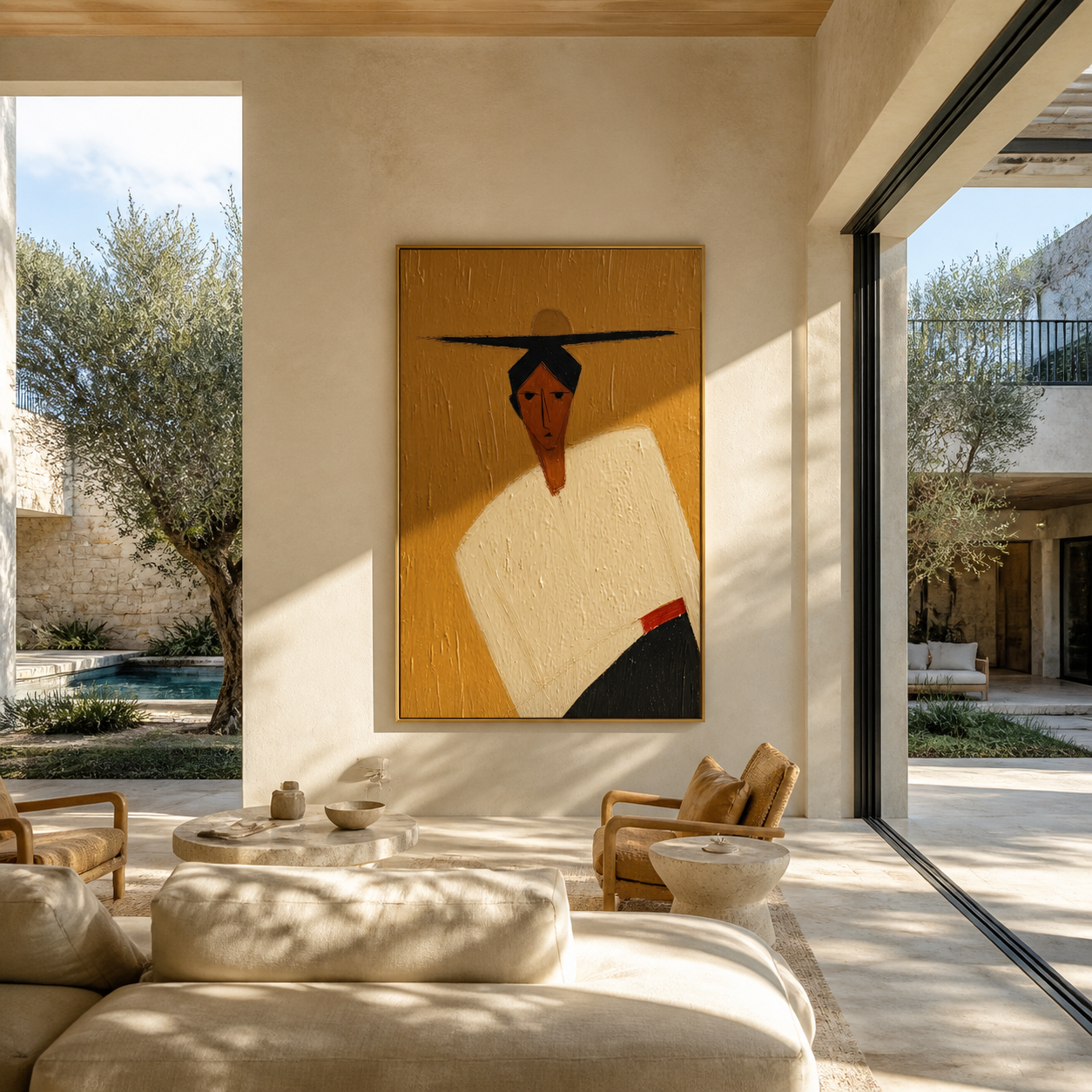 Black Horizon Cuts through Ochre - geometric hat figure painting by Marcus Lau, retro modern vertical wall art – styled room scene view 1