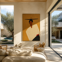 Black Horizon Cuts through Ochre - geometric hat figure painting by Marcus Lau, retro modern vertical wall art – styled room scene view 1