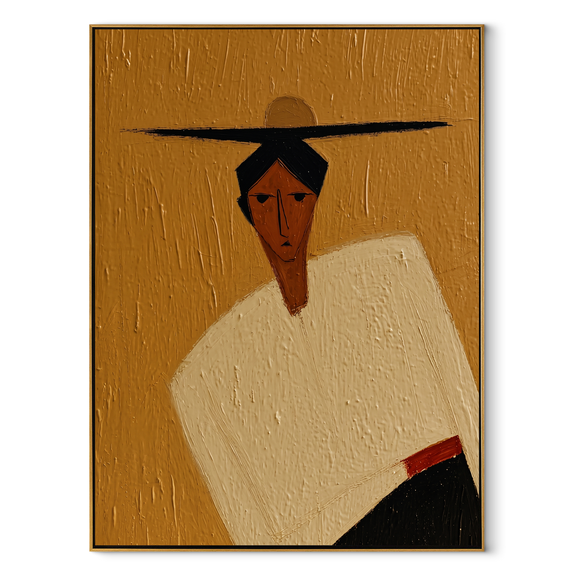 Black Horizon Cuts through Ochre - geometric hat figure painting by Marcus Lau, retro modern vertical wall art – wood frame on white background